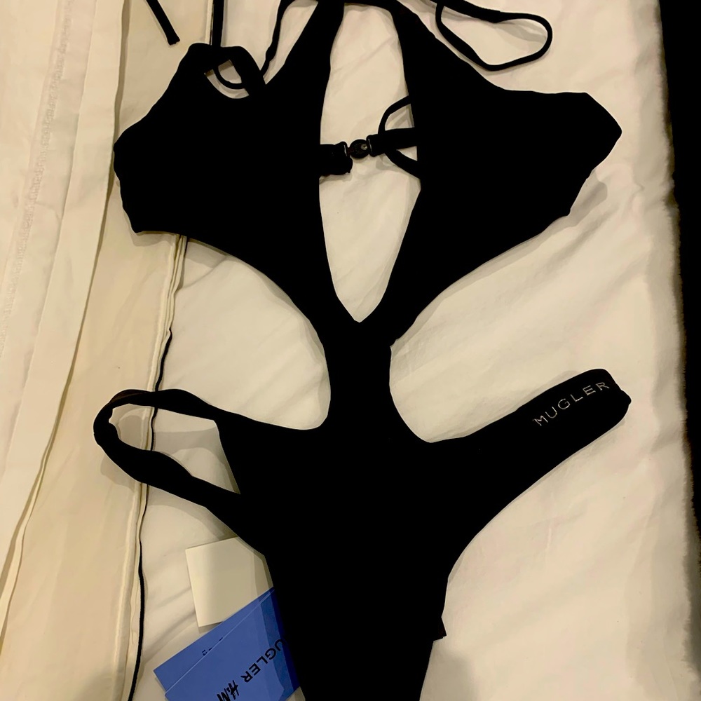 Mugler and HM 2023 Collaboration. Bathing suit in black.